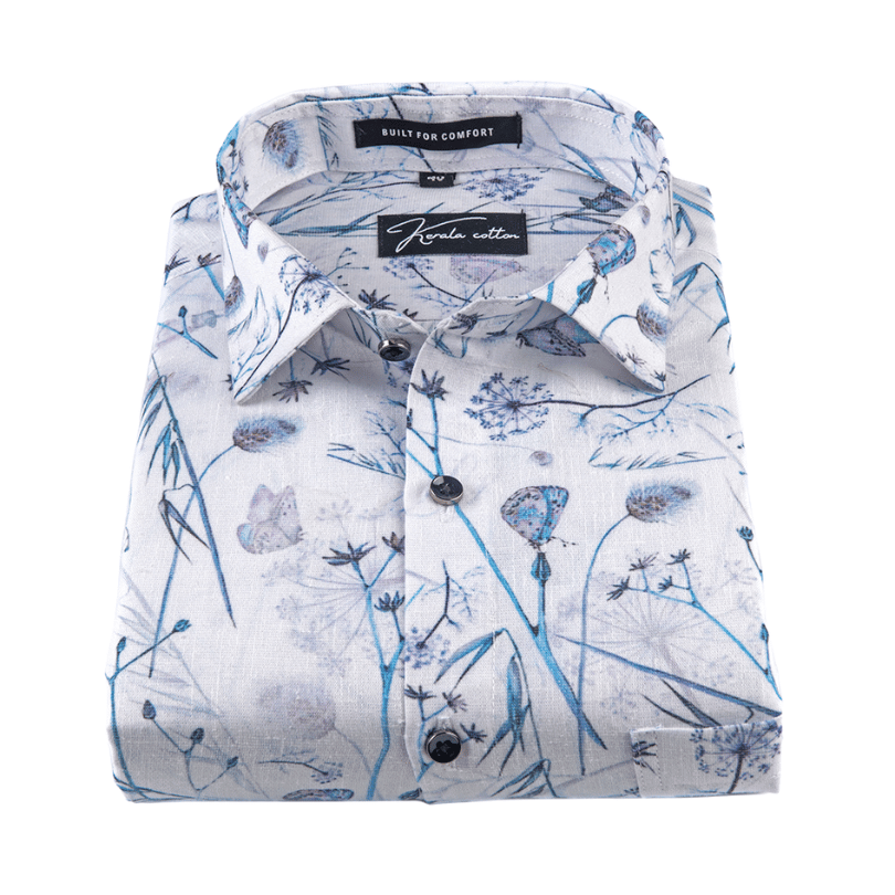 Italian linen White With Blue Flower Print