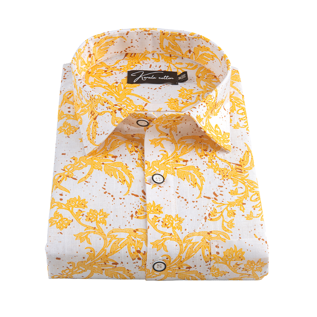 New Turkey Linen White With Golden Rajwada Print Shirts