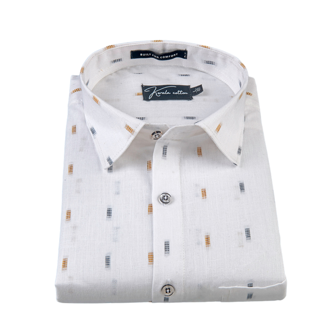 Linen butta white with golden blue rectangle print shirts for men