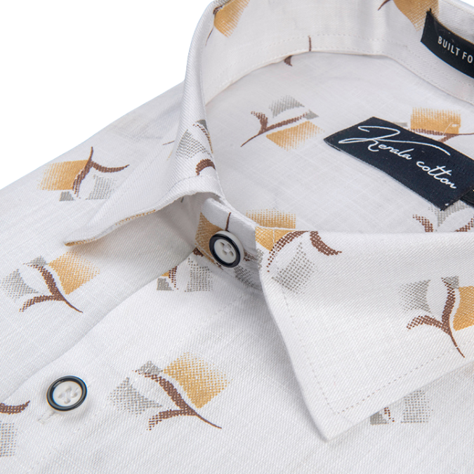 Turkey Linen White With New Yellow Marrun Print Shirts For Men