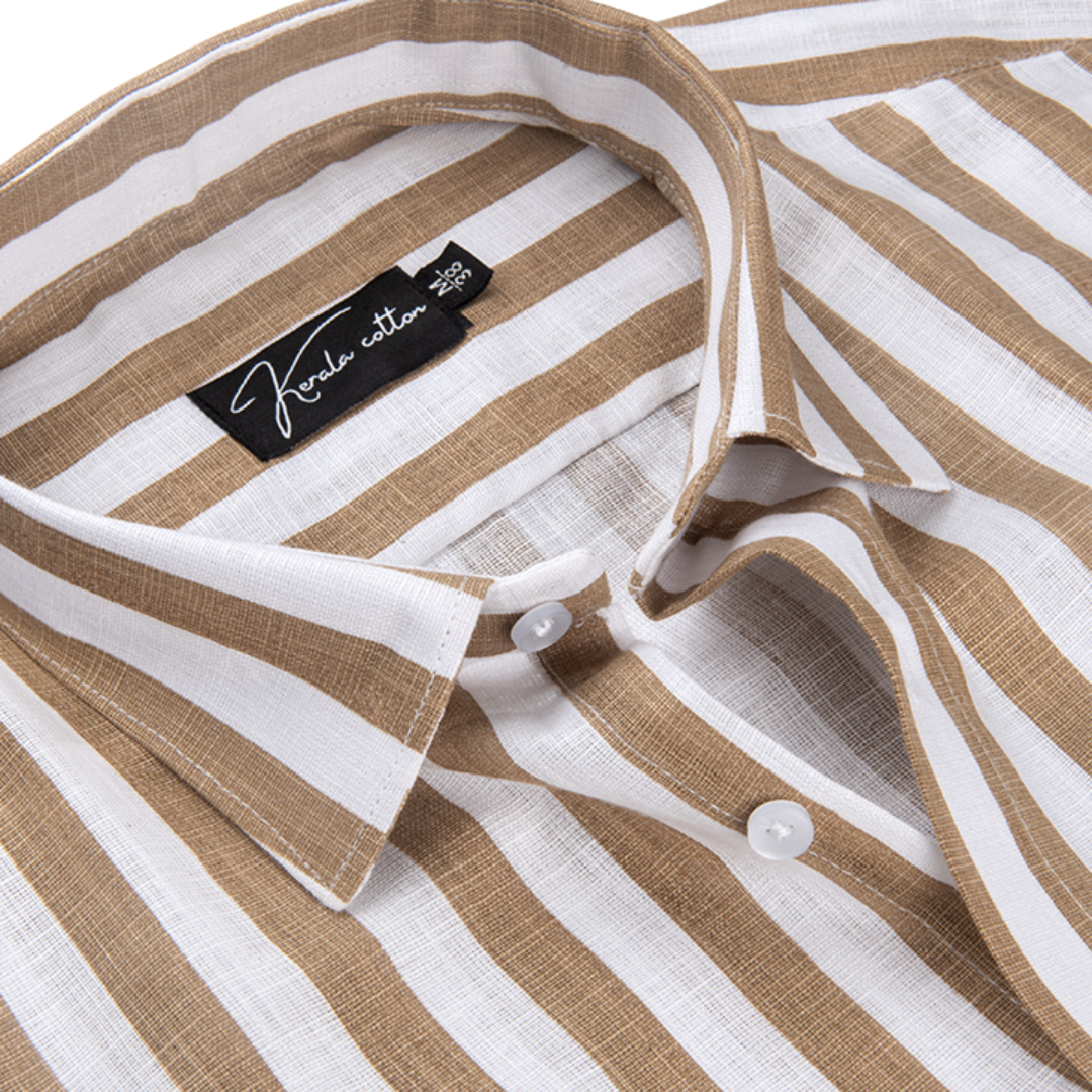 Linen White With Brown Patta Print Shirts for Men