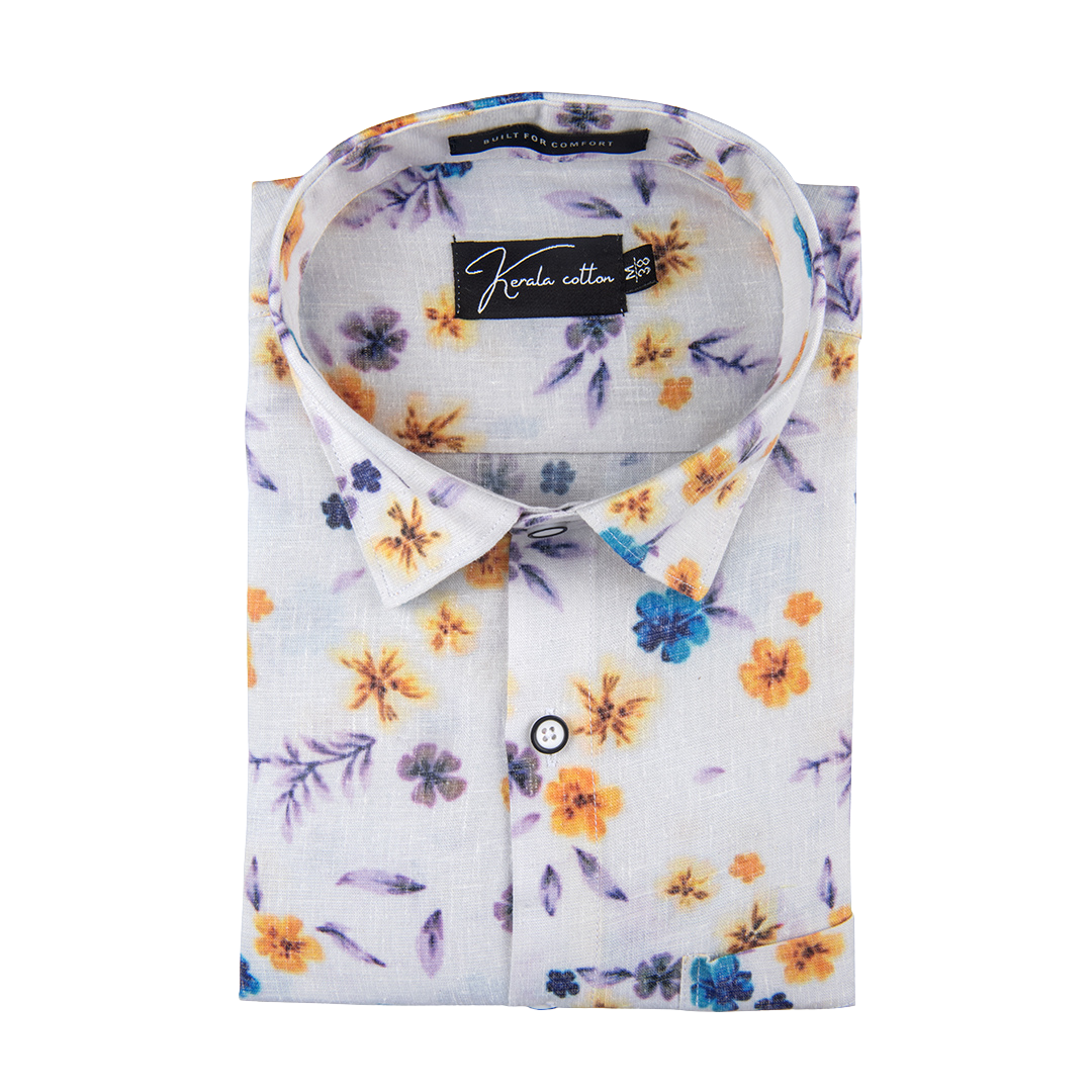 New Italian Linen White With Golden Yellow Rama Flower Print