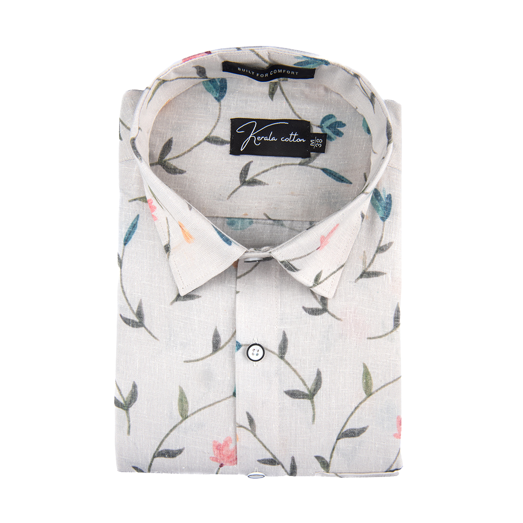 New Italian Linen Cream With Rama Pink Flower Print Shirts