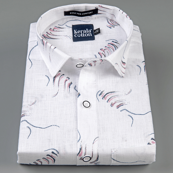 Turkey Linen White With Pink Grey Print Shirts
