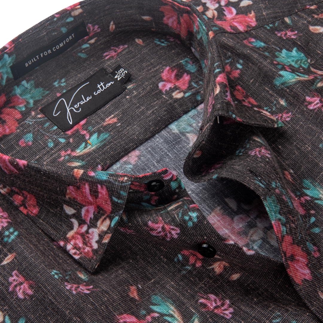 New Italian Linen Black With Red Flower Print Shirts