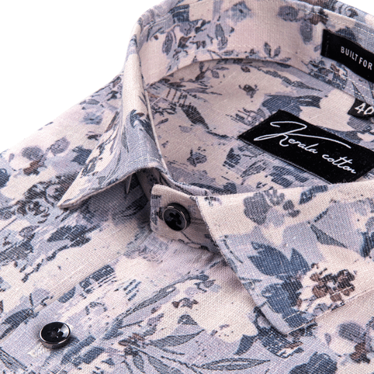 Linen Cream with Blue Flower Signature Print Shirts
