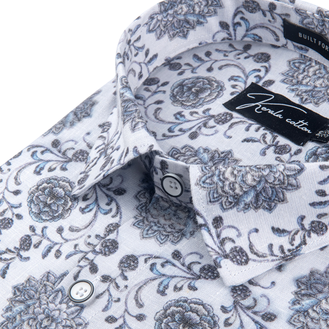 New Italian Linen White With Grey French Print Shirts For Men
