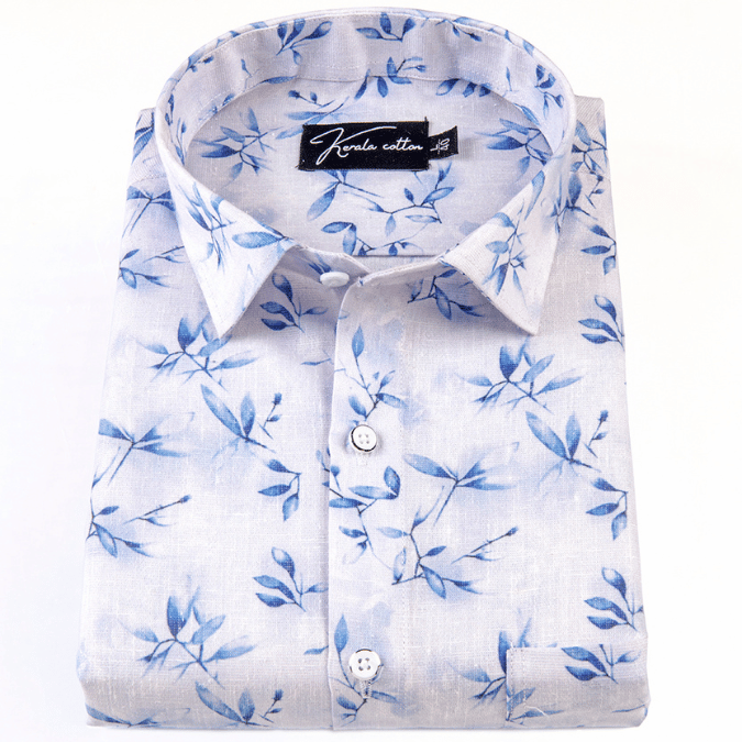 Italian linen white with blue batel print