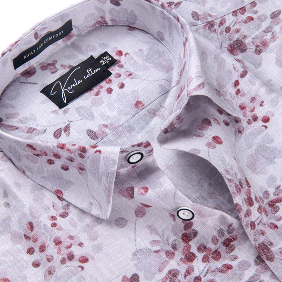 New Italian Linen White With Marun Flower Print Shirts For Men