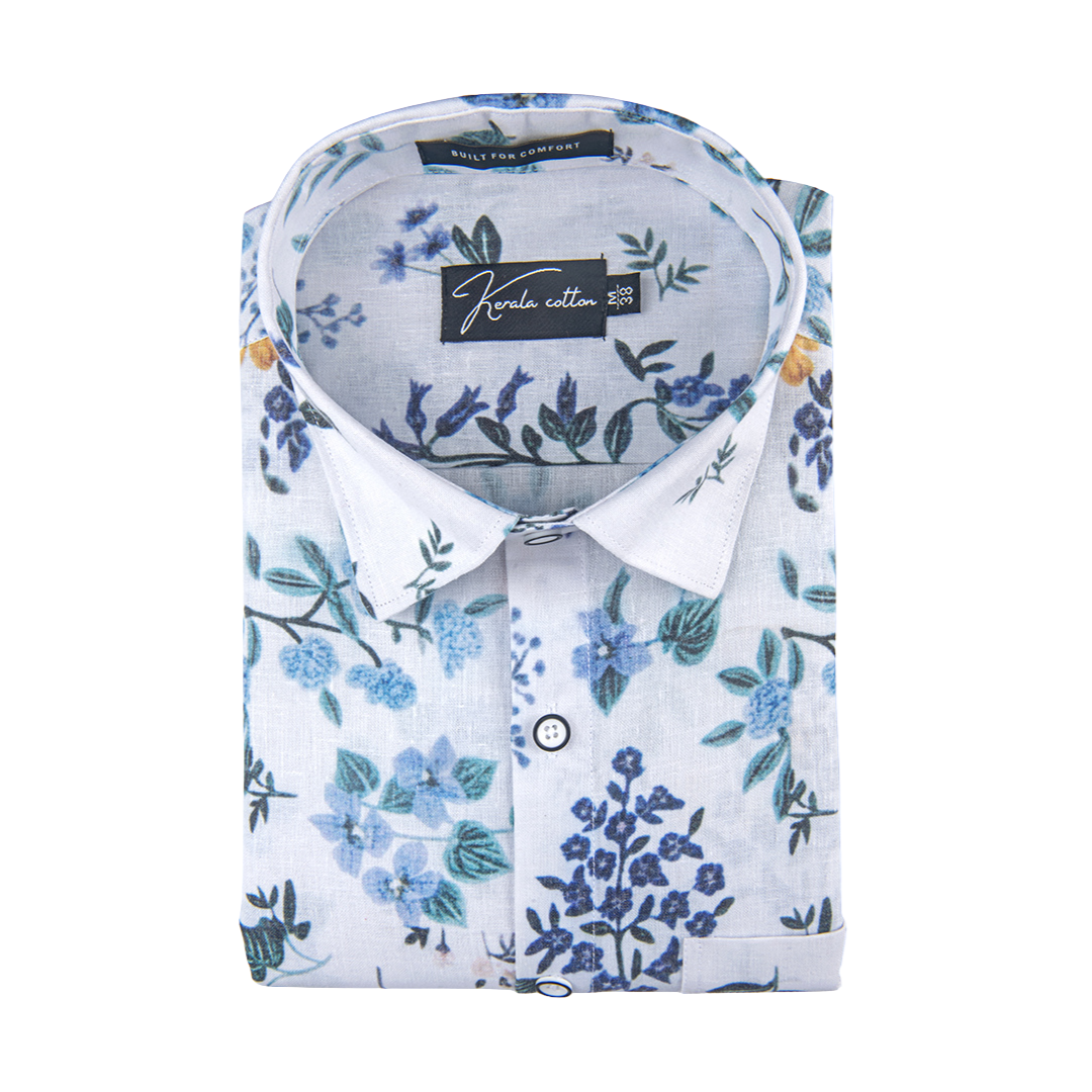 New Italian Linen White With Blue Flower Print Shirts For Men