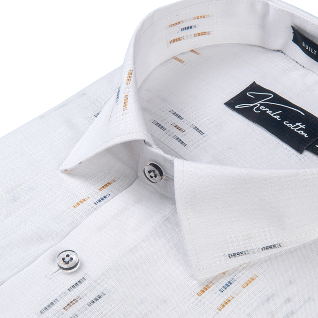 Linen Butta White With Three Lines Printed Shirts For Men