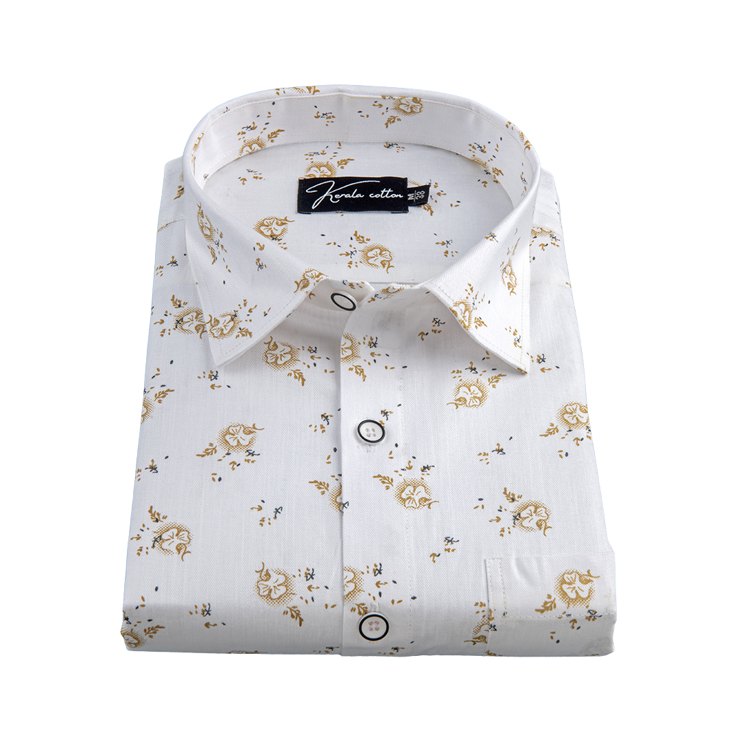 New Turkey Linen White With Golden Yellow Flower Print Shirts