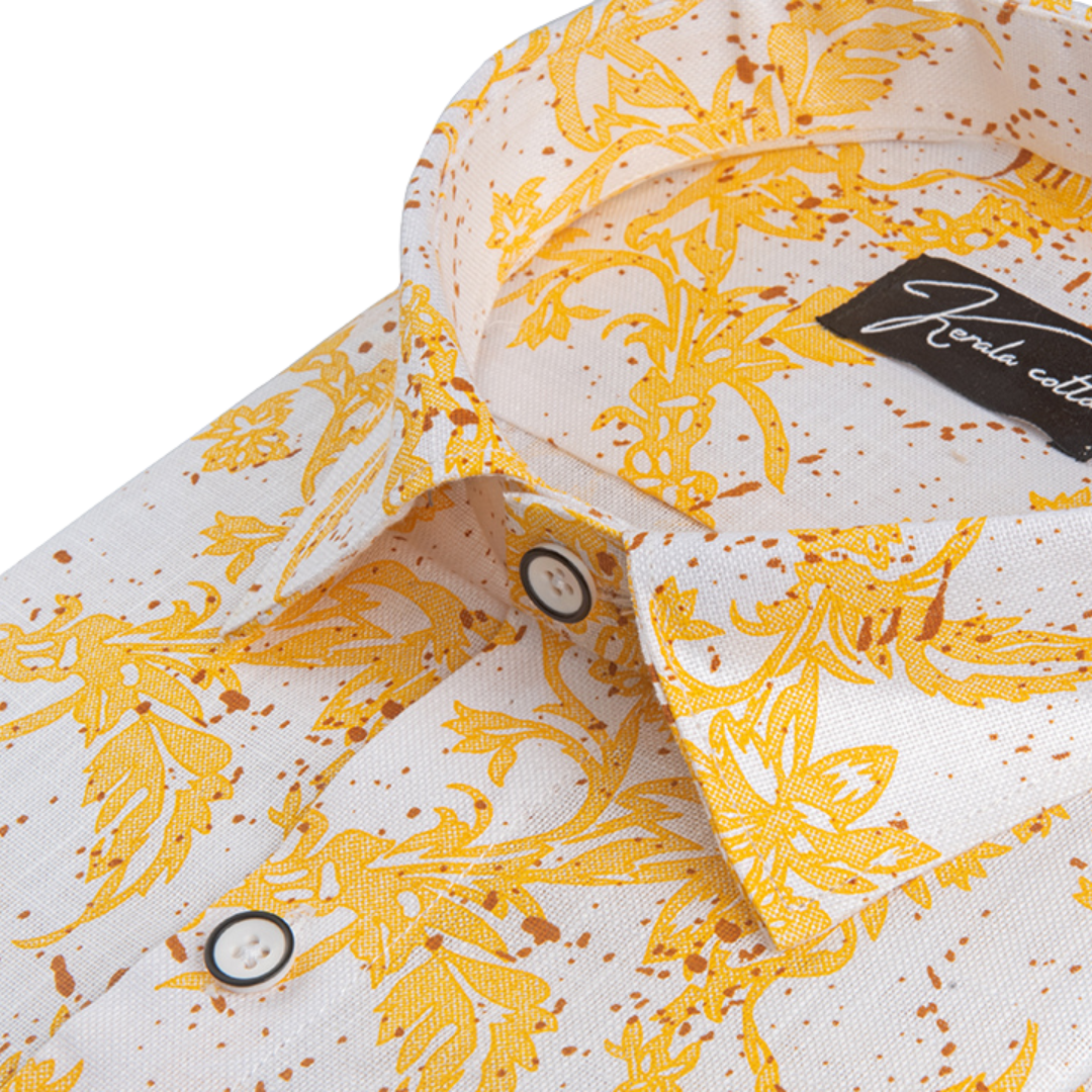 New Turkey Linen White With Golden Rajwada Print Shirts