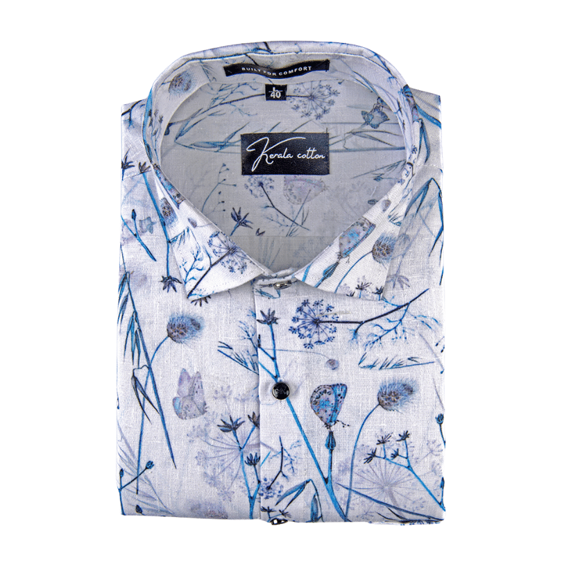Italian linen White With Blue Flower Print
