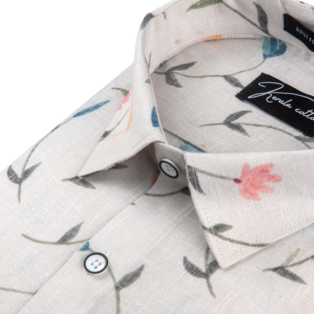 New Italian Linen Cream With Rama Pink Flower Print Shirts