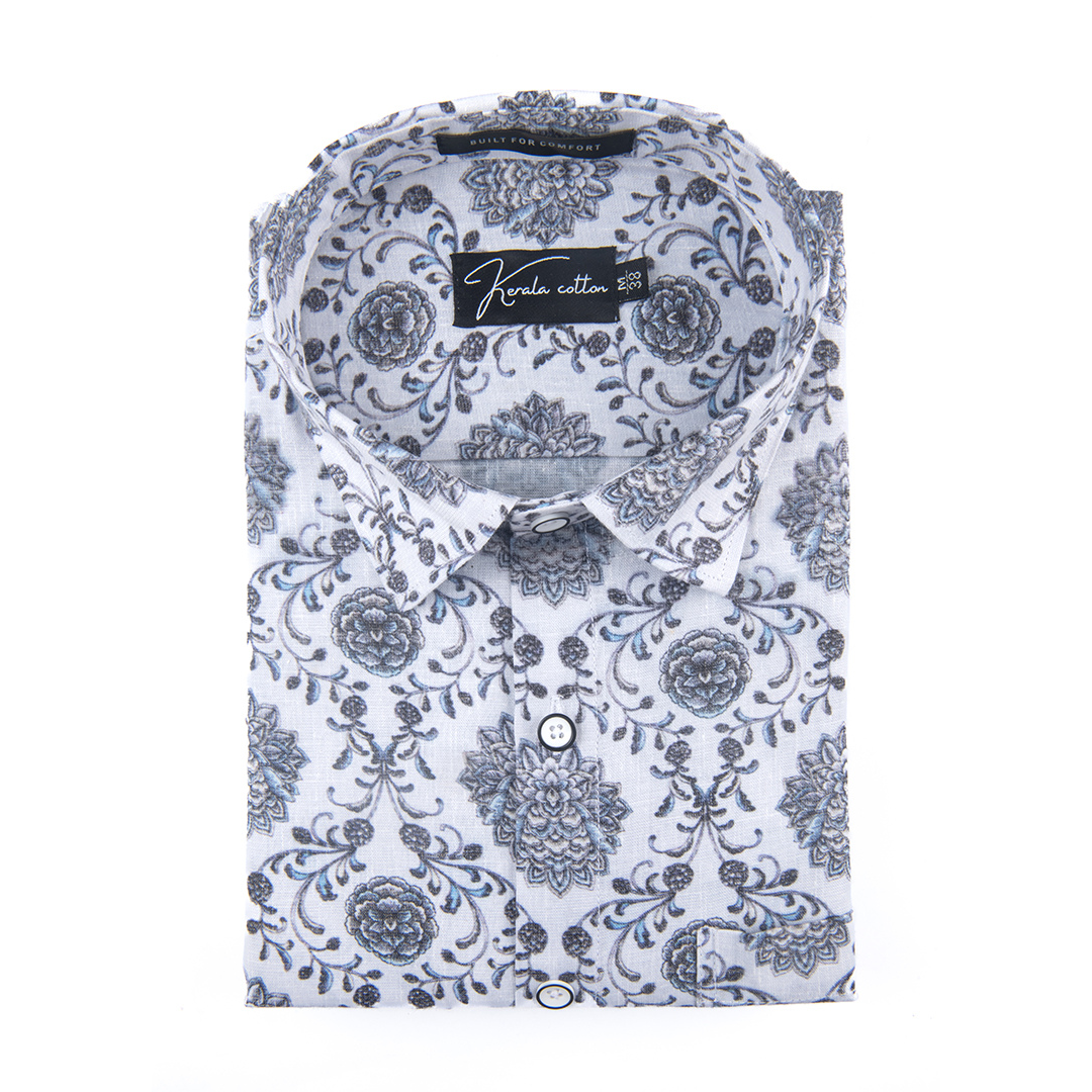 New Italian Linen White With Grey French Print Shirts For Men