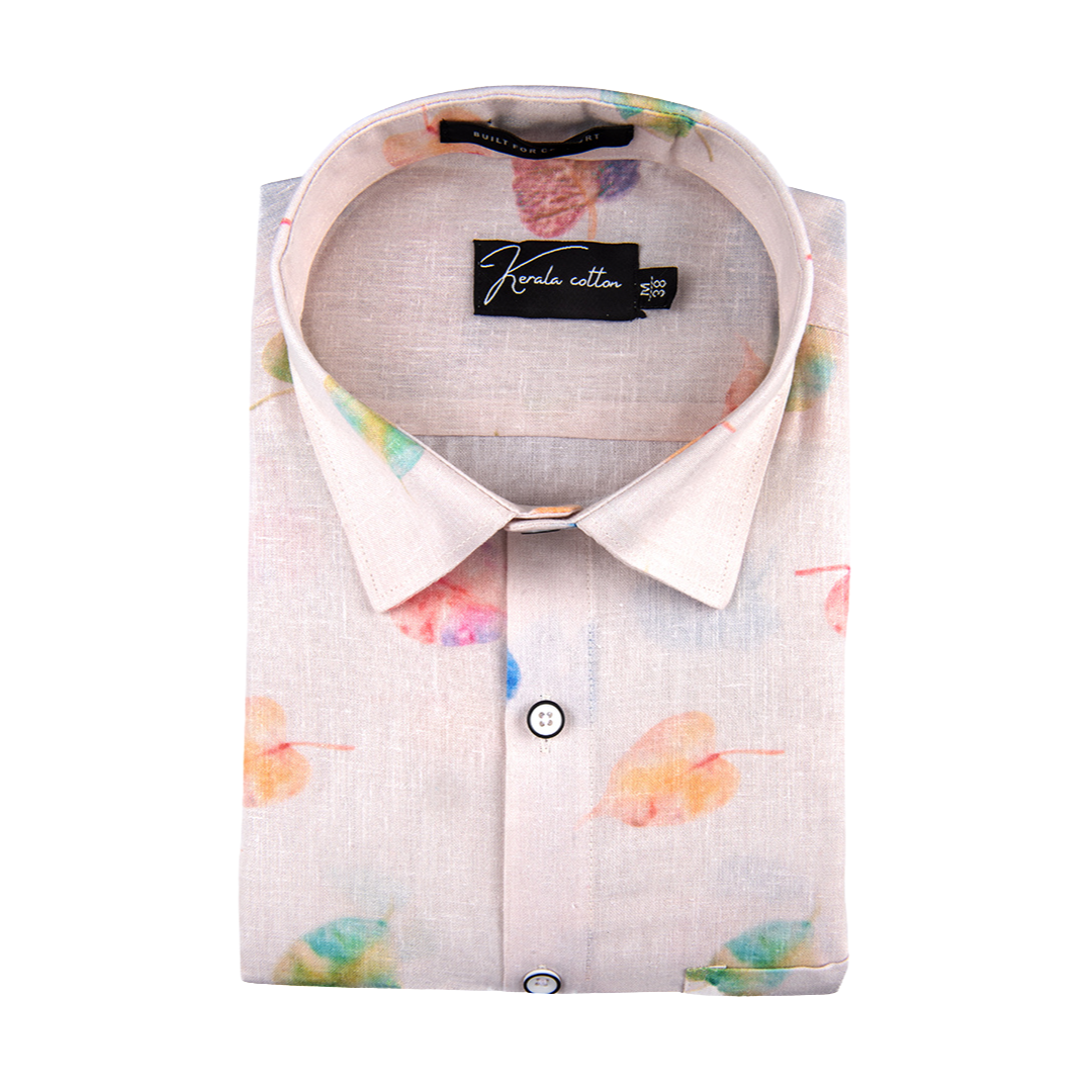 New Italian Linen Cream With Pipal Print Shirts For Men