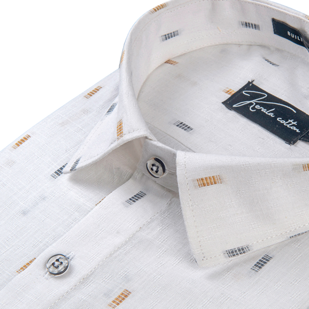 Linen butta white with golden blue rectangle print shirts for men