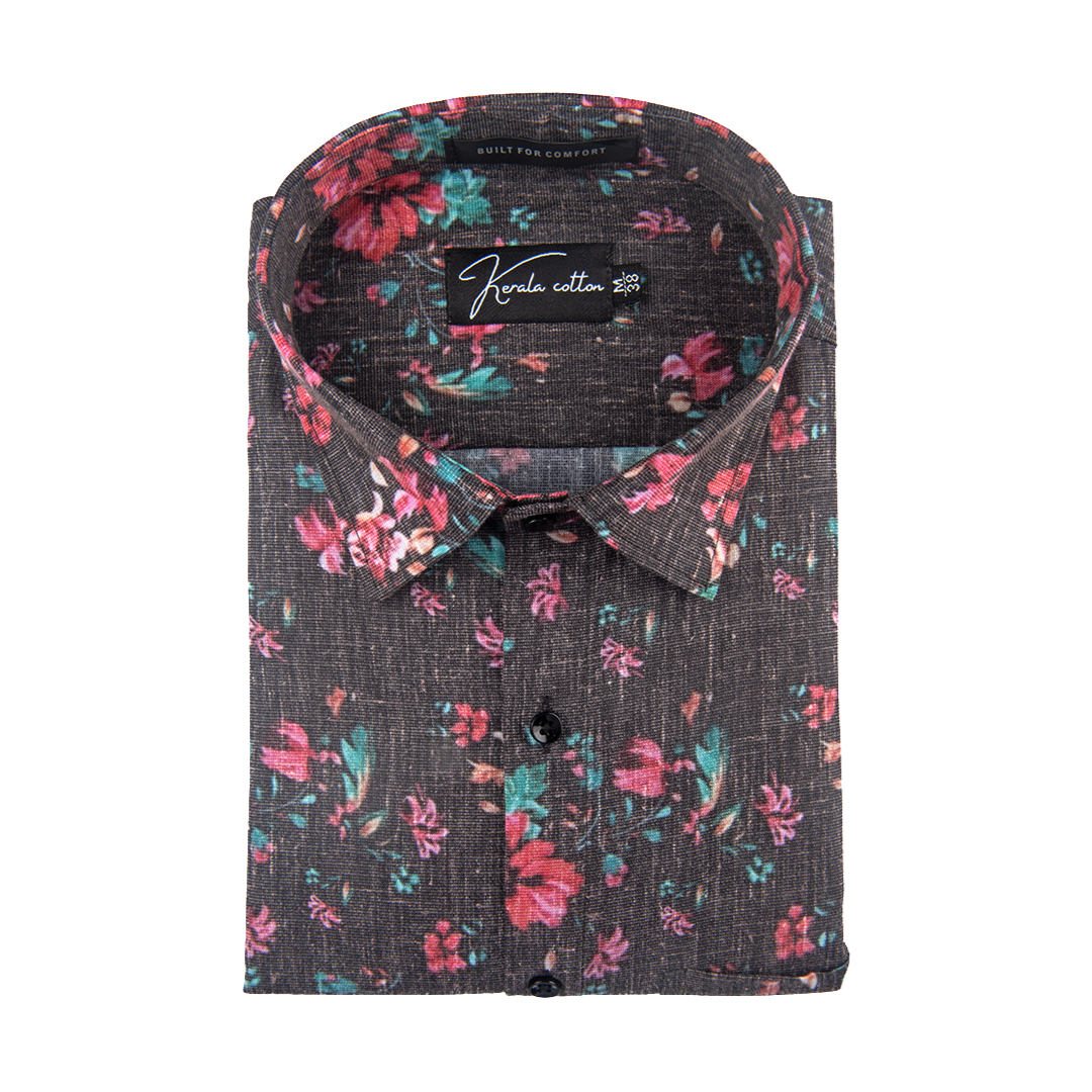 New Italian Linen Black With Red Flower Print Shirts