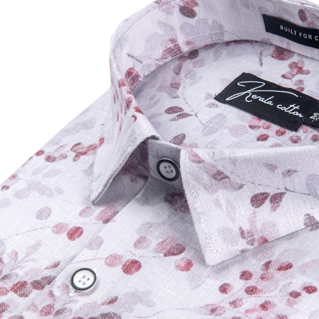 New Italian Linen White With Marun Flower Print Shirts For Men