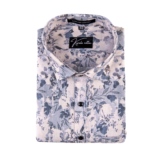 Linen Cream with Blue Flower Signature Print Shirts