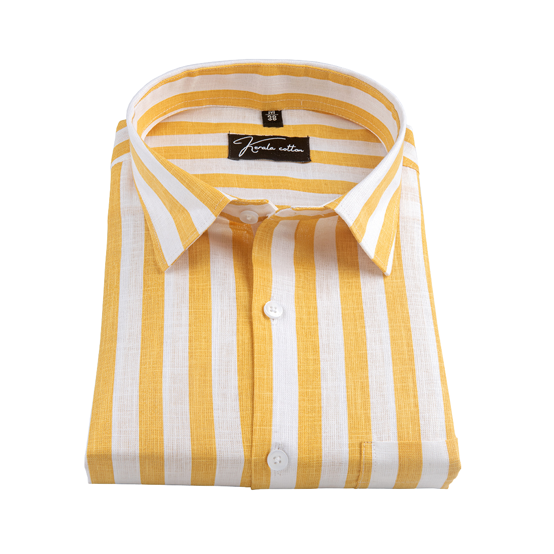 Linen White With Yellow Patta Print Shirts For Men