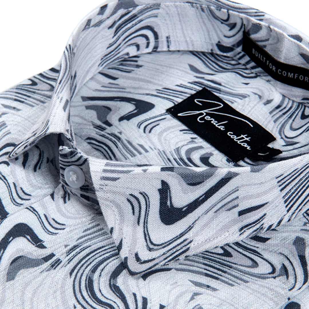 Linen white with blue vibrant print shirts
