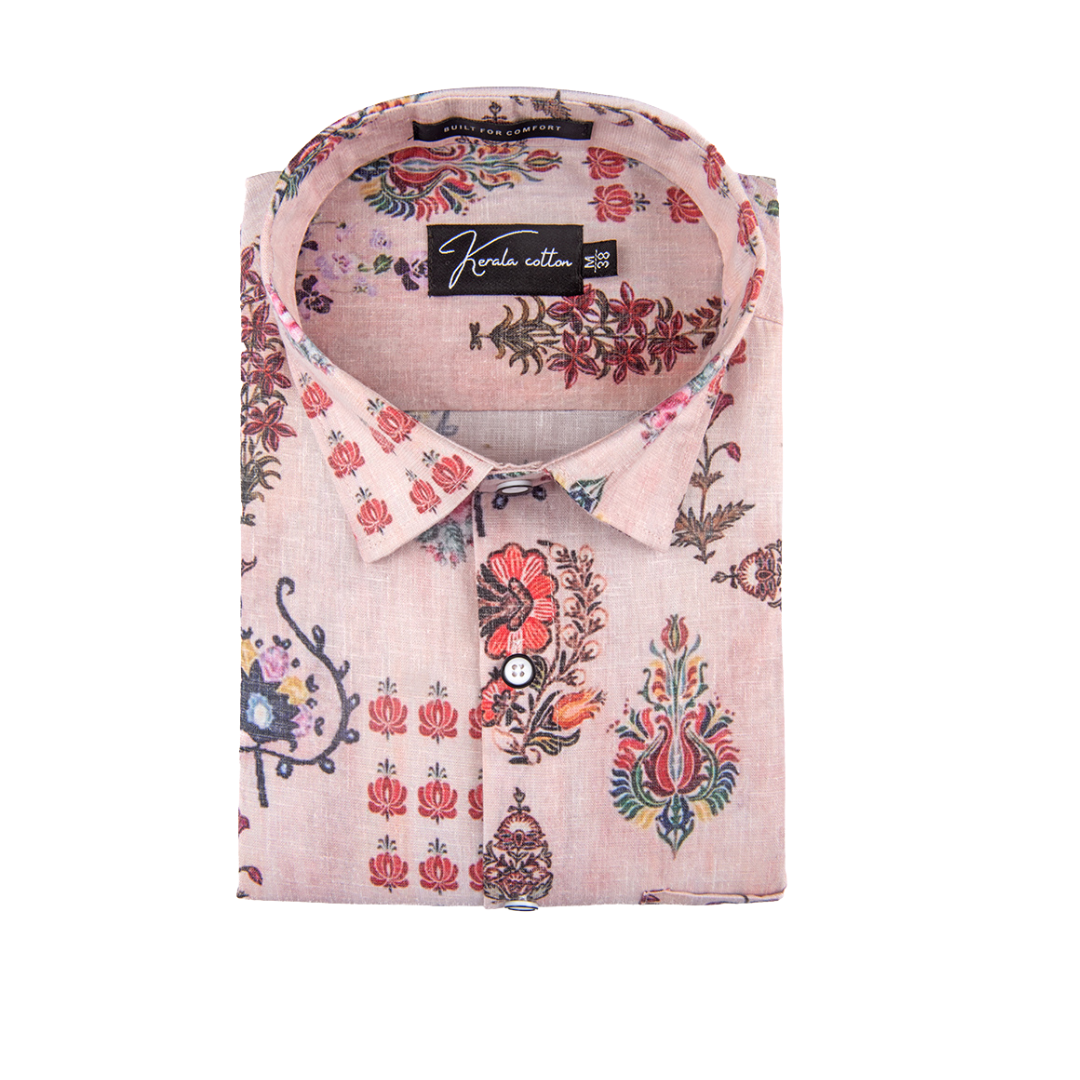 New Italian Linen Light Marrun With Dark Multicolour Flower Print Shirts