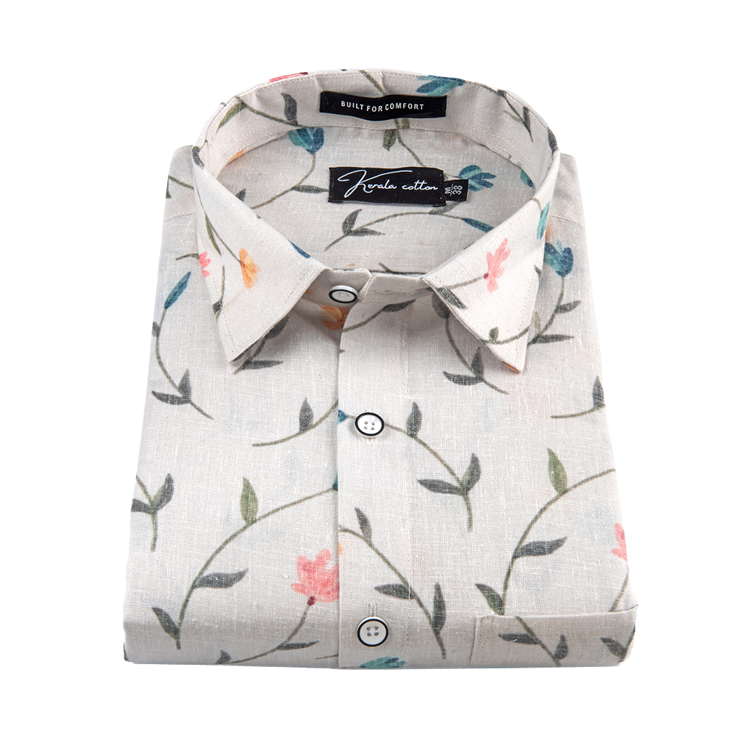 New Italian Linen Cream With Rama Pink Flower Print Shirts