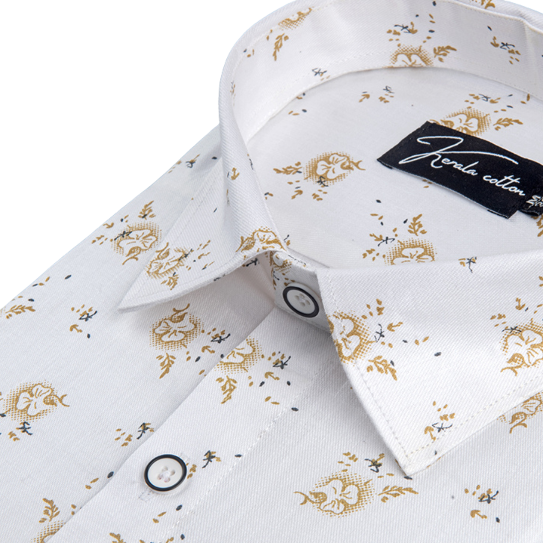 New Turkey Linen White With Golden Yellow Flower Print Shirts