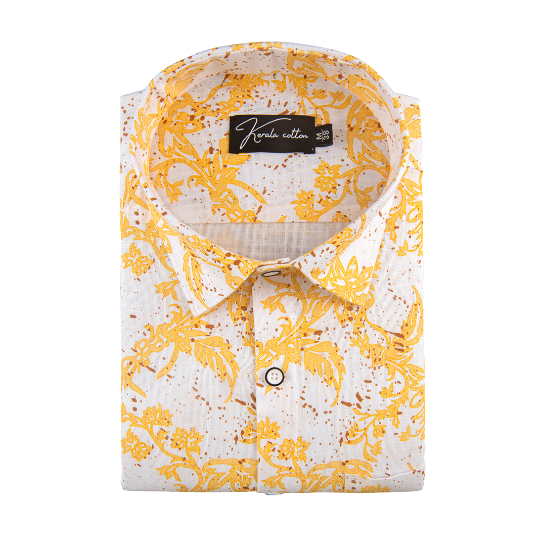 New Turkey Linen White With Golden Rajwada Print Shirts