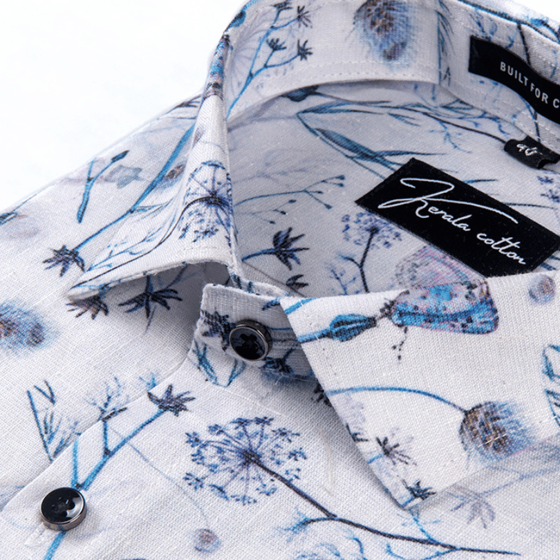 Italian linen White With Blue Flower Print