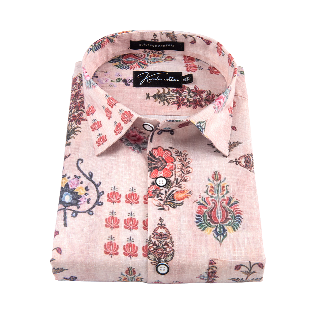 New Italian Linen Light Marrun With Dark Multicolour Flower Print Shirts
