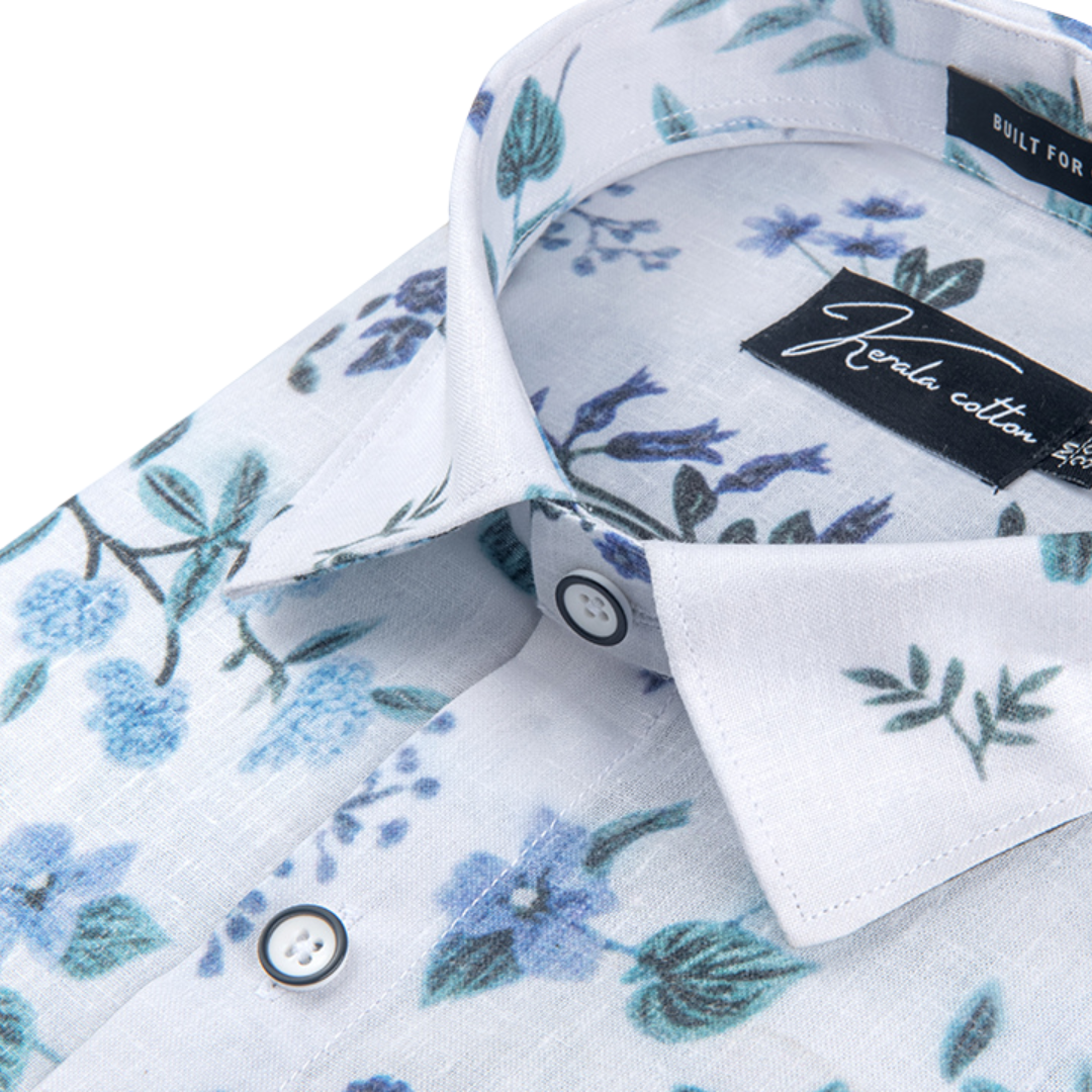 New Italian Linen White With Blue Flower Print Shirts For Men