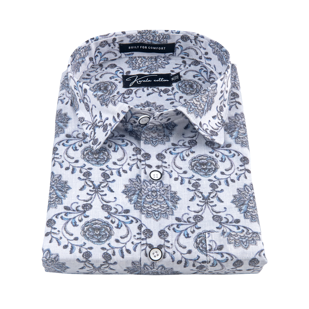 New Italian Linen White With Grey French Print Shirts For Men