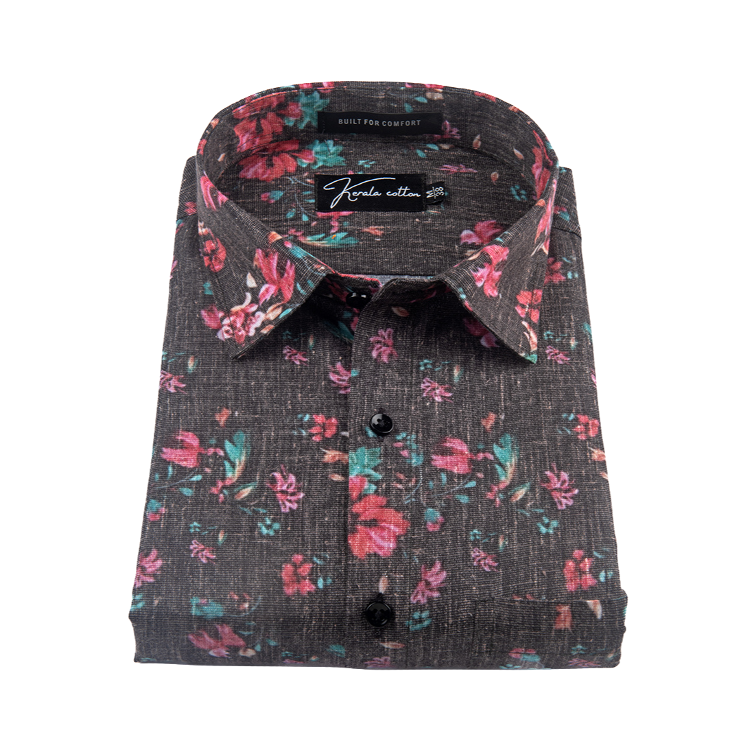 New Italian Linen Black With Red Flower Print Shirts