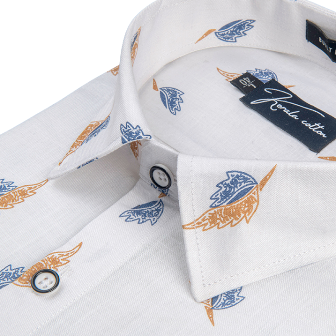 Turkey Linen White With Blue Yellow Print Shirts For Men