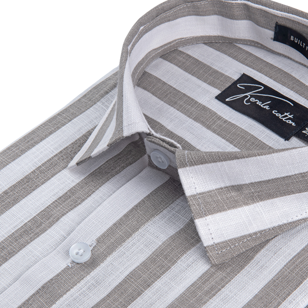 Linen White With Dark Grey Patta Print Shirts For Men