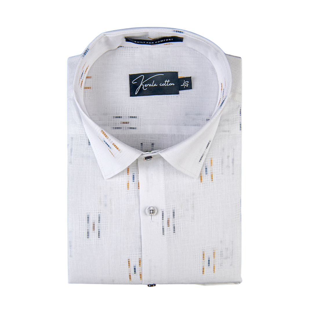 Linen Butta White With Three Lines Printed Shirts For Men
