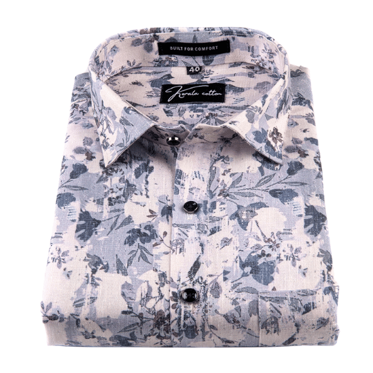 Linen Cream with Blue Flower Signature Print Shirts