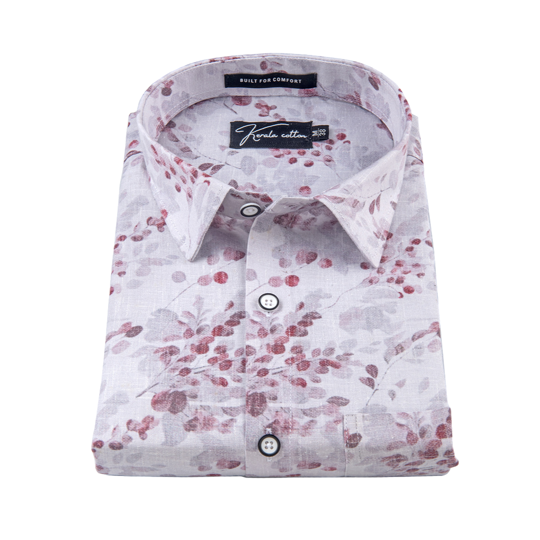 New Italian Linen White With Marun Flower Print Shirts For Men