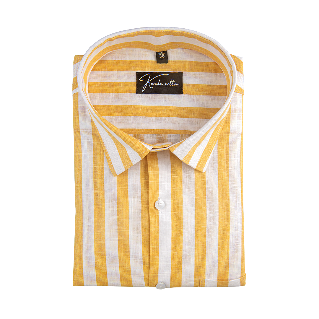Linen White With Yellow Patta Print Shirts For Men