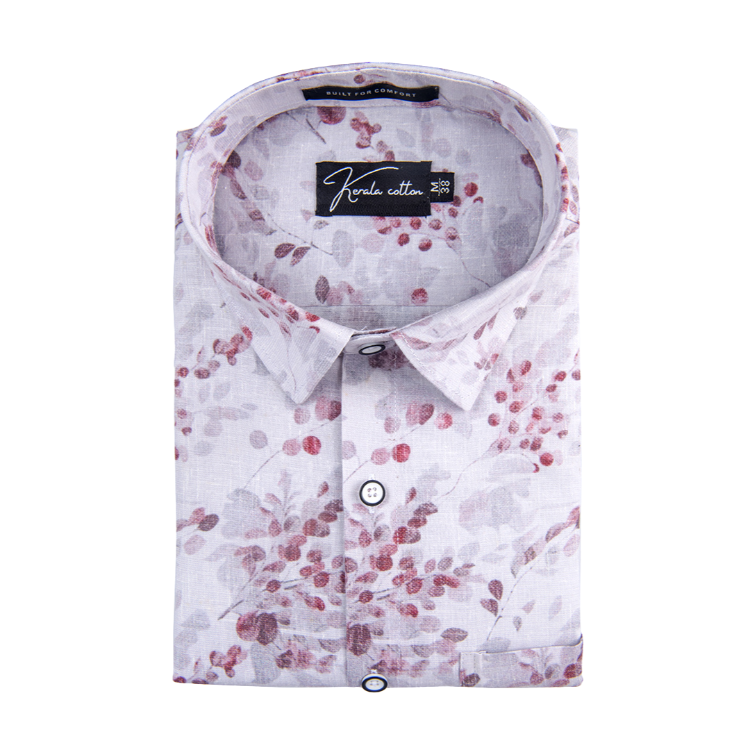 New Italian Linen White With Marun Flower Print Shirts For Men
