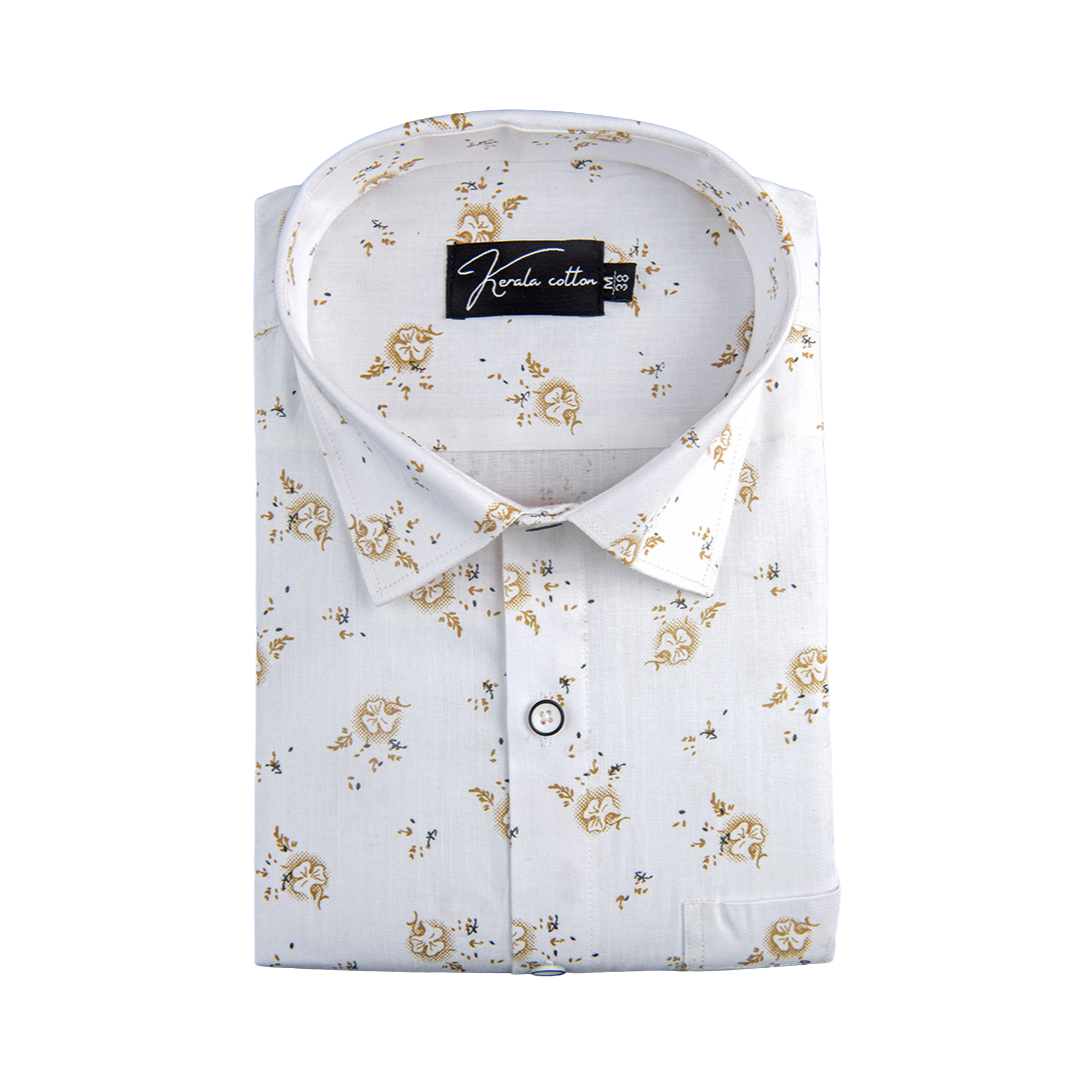 New Turkey Linen White With Golden Yellow Flower Print Shirts