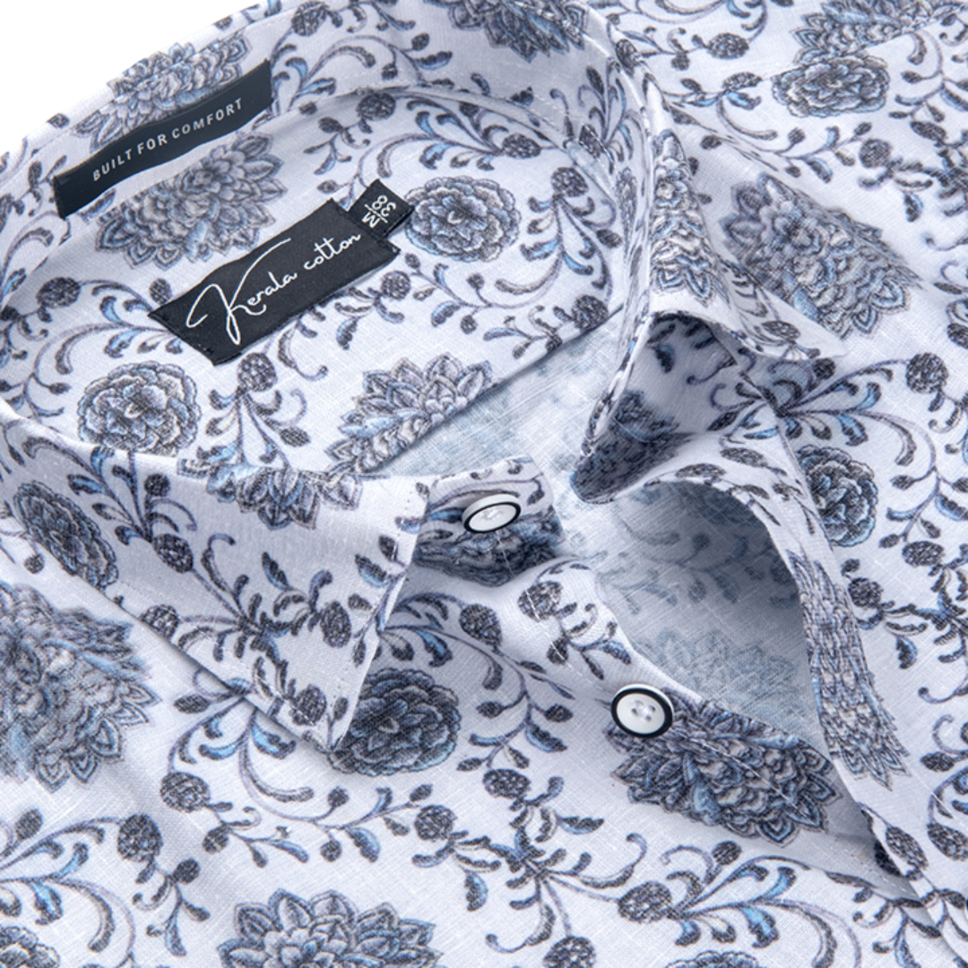 New Italian Linen White With Grey French Print Shirts For Men