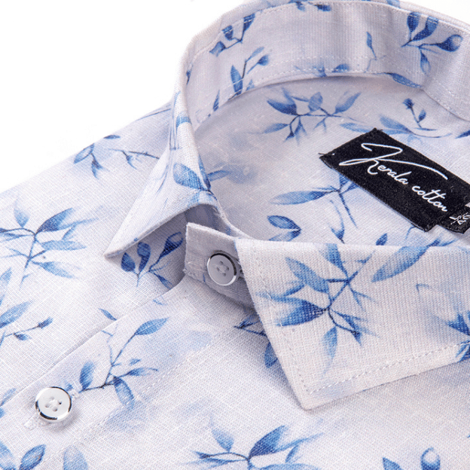 Italian linen white with blue batel print