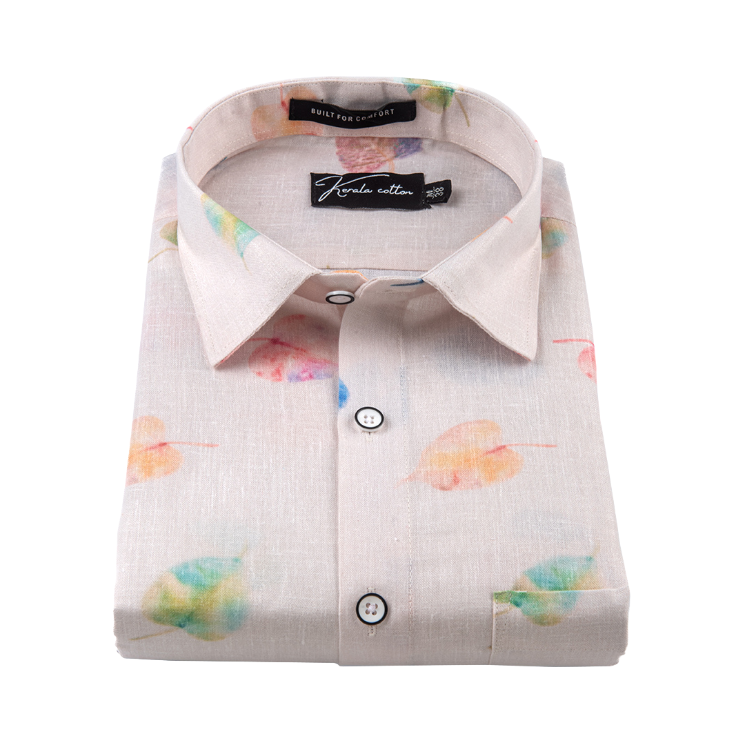 New Italian Linen Cream With Pipal Print Shirts For Men