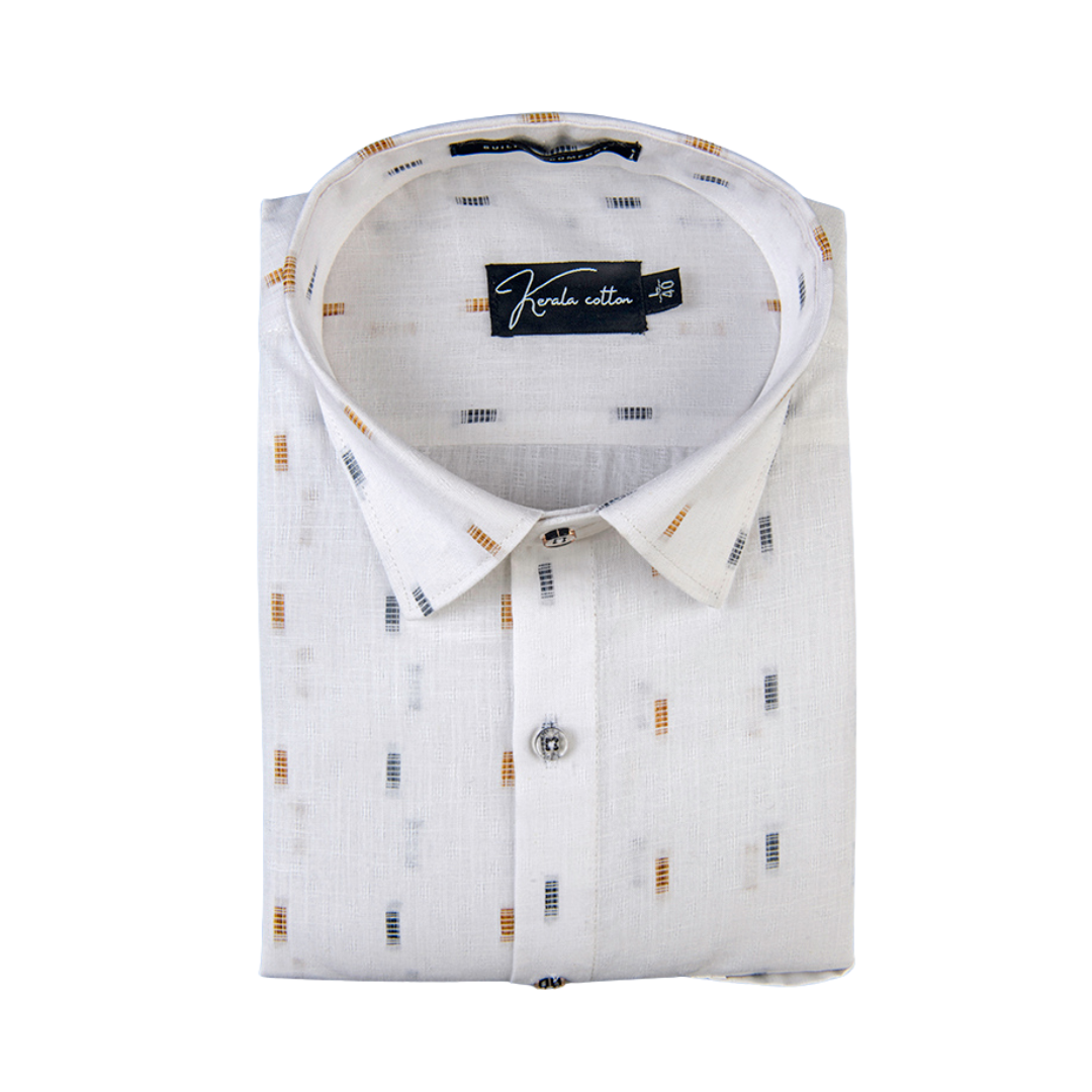 Linen butta white with golden blue rectangle print shirts for men
