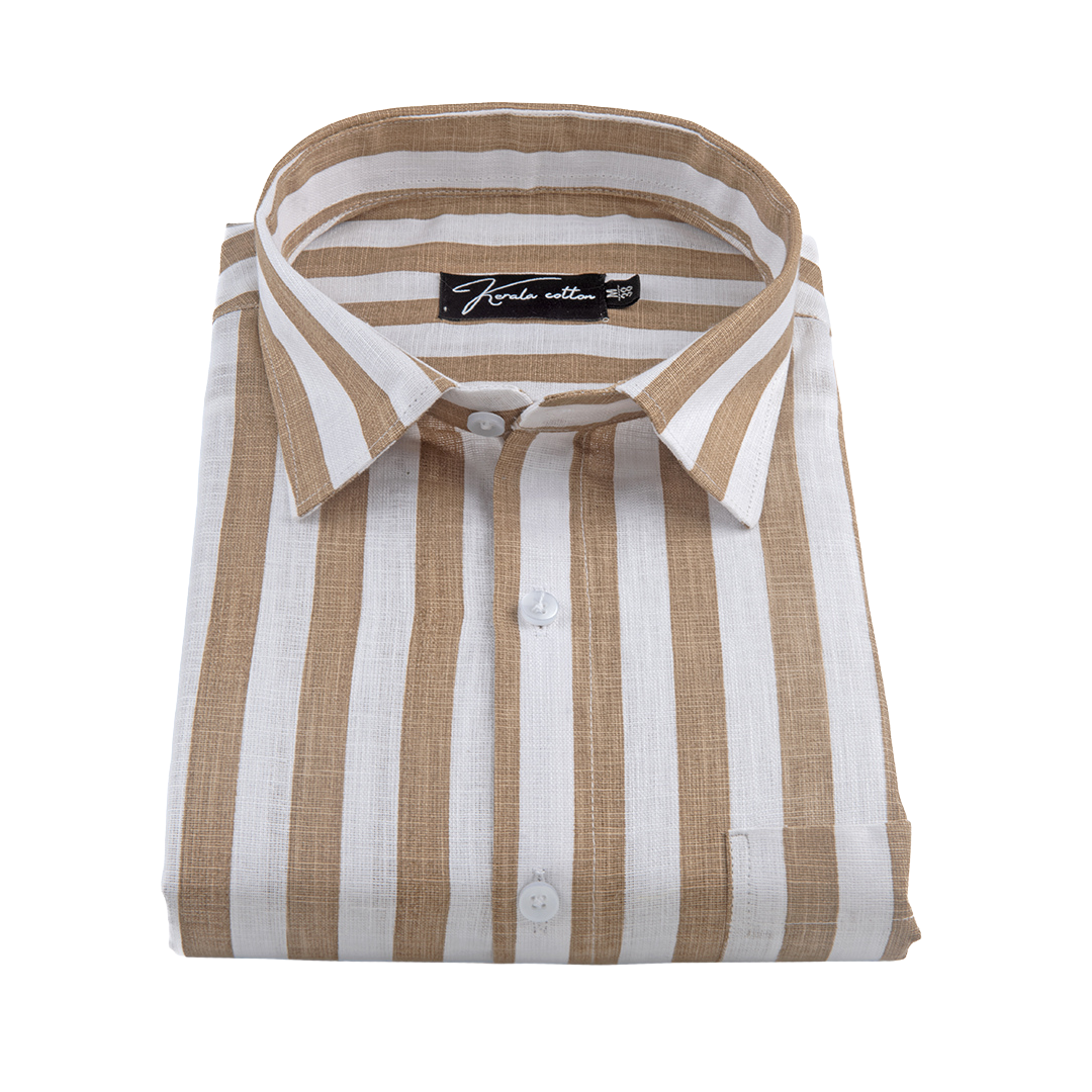Linen White With Brown Patta Print Shirts for Men
