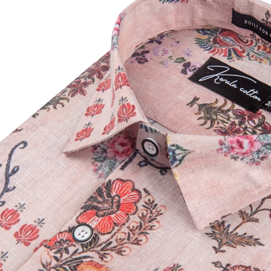 New Italian Linen Light Marrun With Dark Multicolour Flower Print Shirts